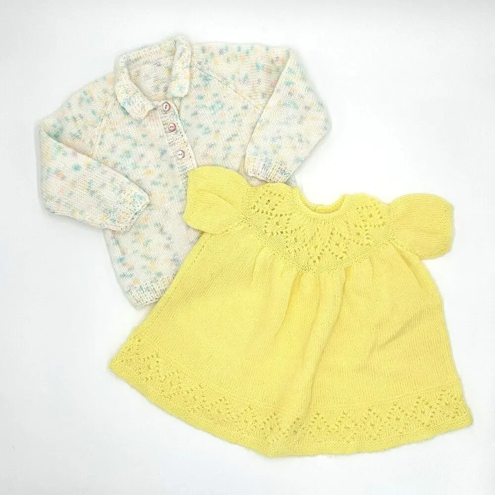 Vintage 1970s Handmade Baby Dress & Cardigan Set Yellow Knit Retro Infant